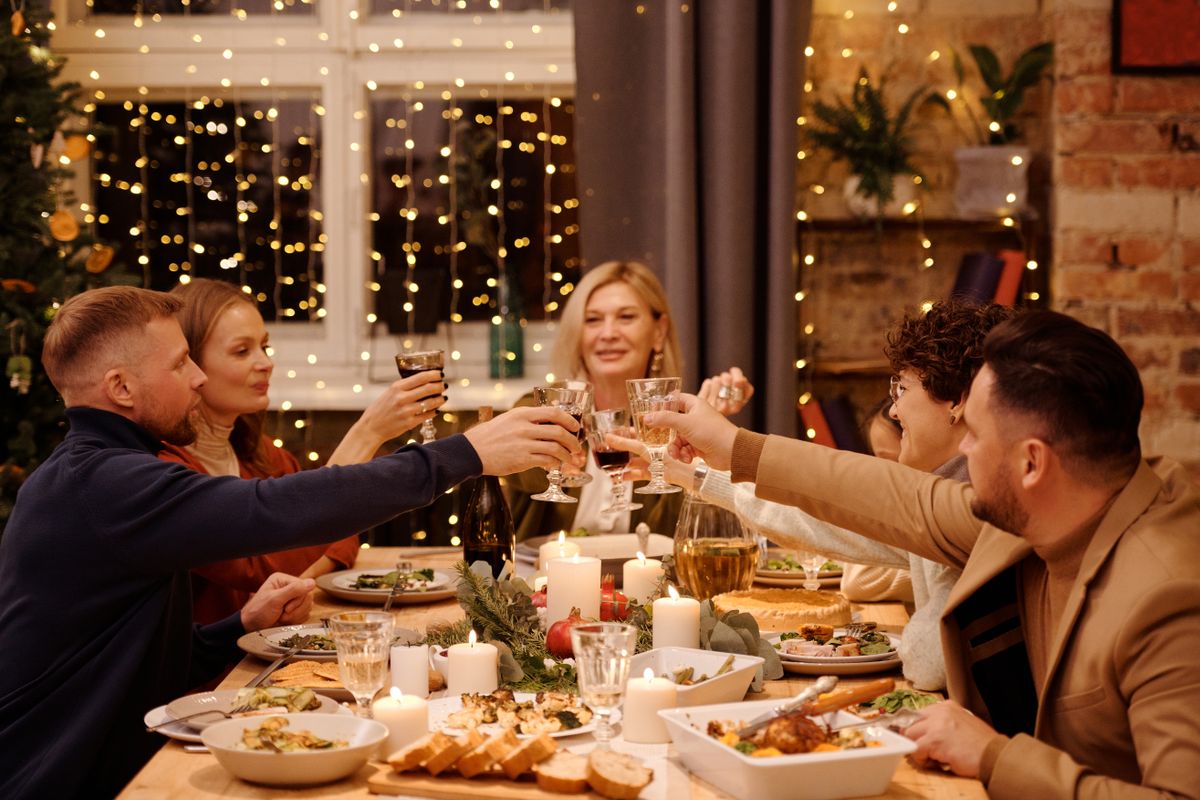 A group raising a toast at a dinner with Christmas lights