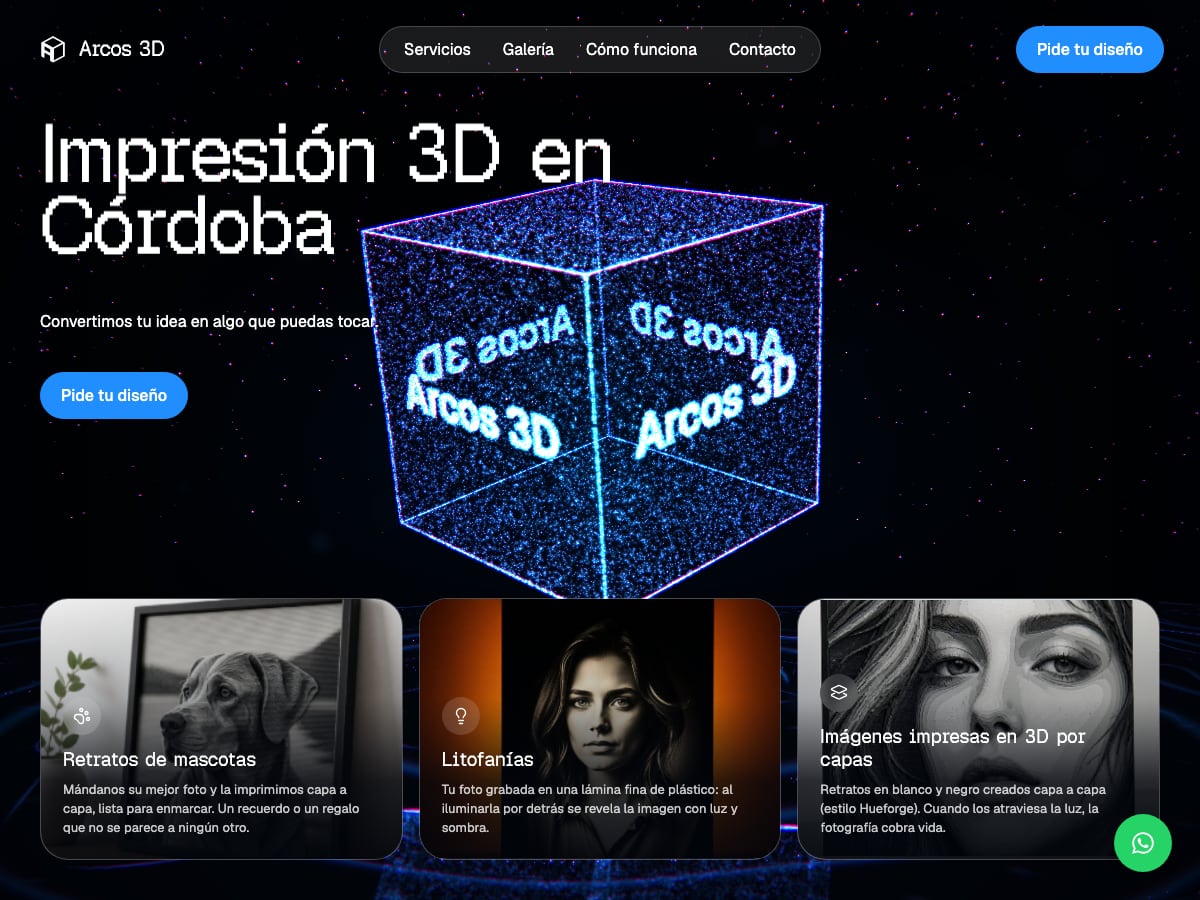 Portada de la web d'Arcos 3D, impressió 3D a Còrdova