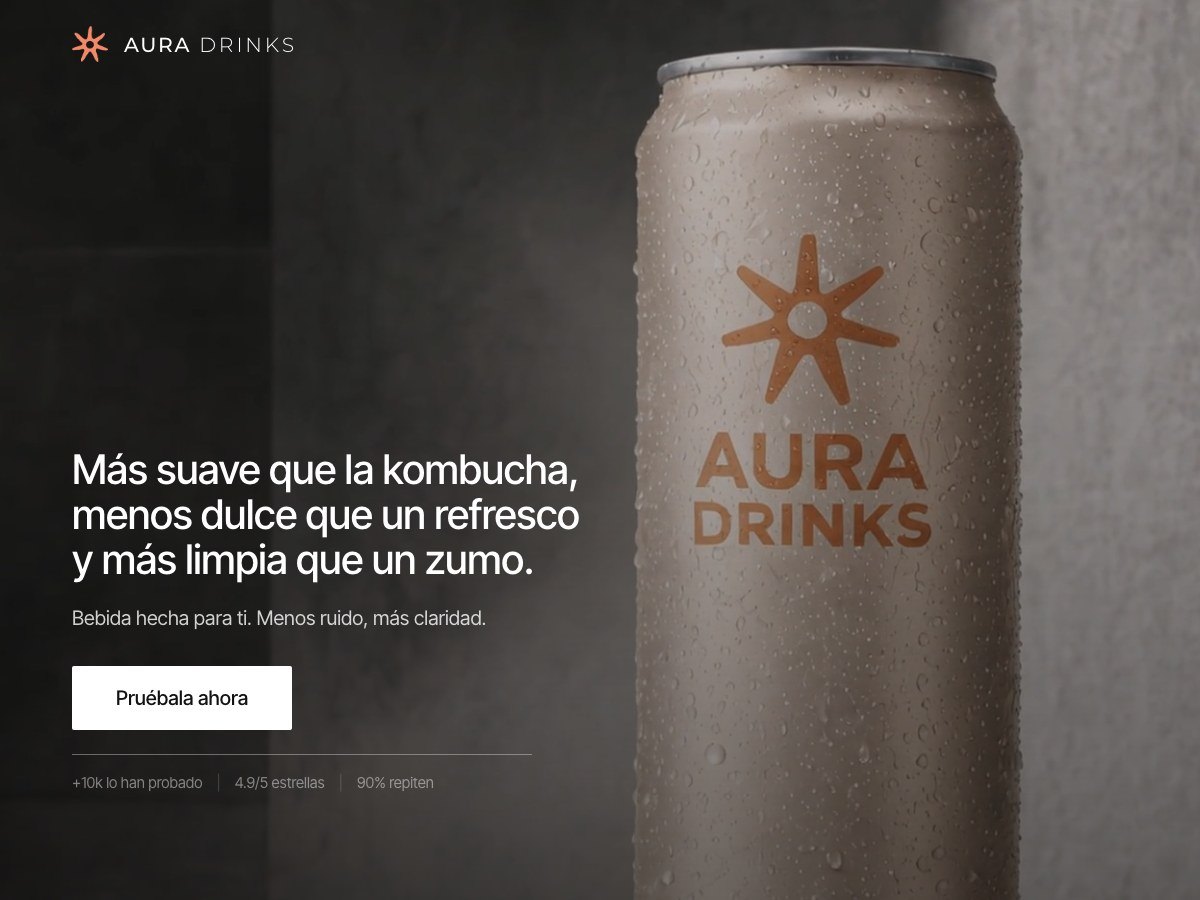 Portada de la web d'Aura Drinks, amb la seva llauna en primer pla